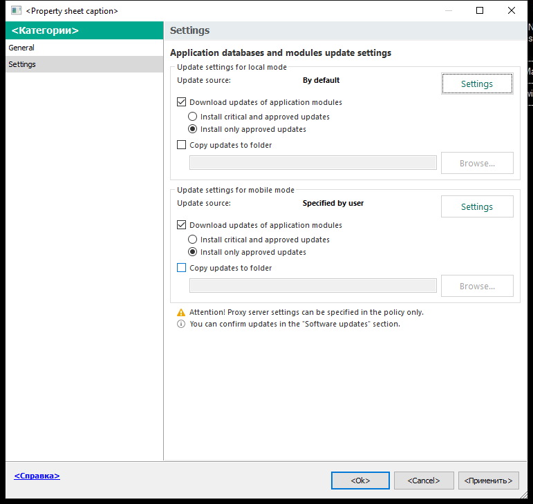 The Update task settings window. The user can configure the update in local and mobile modes.