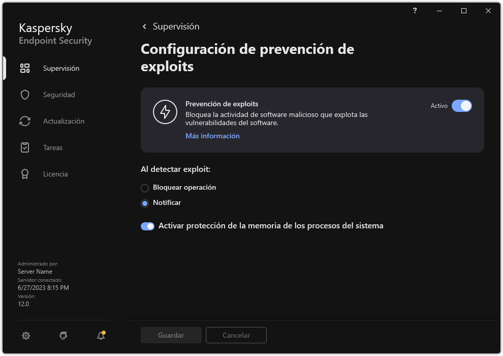 Ventana Configuración de Prevención de exploits