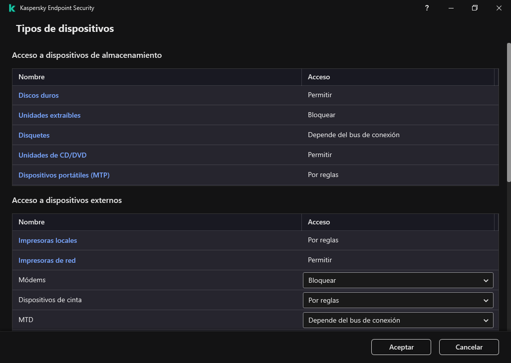 Ventana para configurar el acceso a los dispositivos. El usuario puede configurar el acceso a los dispositivos y establecer parámetros de acceso adicionales, como la programación de acceso.