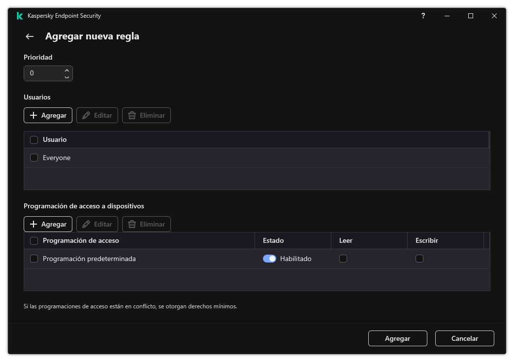 Ventana de configuración de reglas del Control de dispositivos. El usuario puede asignar la prioridad de la regla, agregar usuarios a la regla y establecer la programación de la regla.