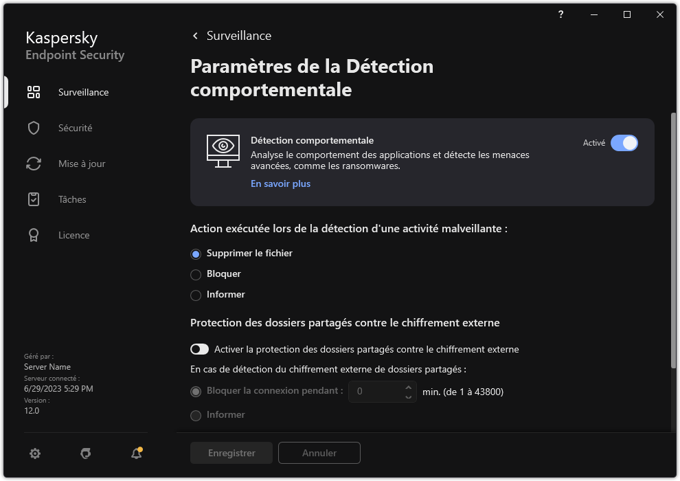 Fenêtre des paramètres de la Détection comportementale