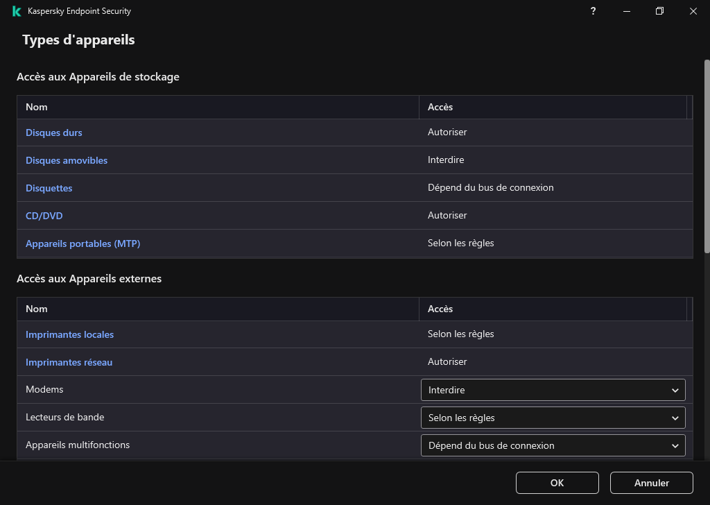 Fenêtre de configuration de l'accès aux appareils. L'utilisateur peut configurer l'accès aux appareils et définir des paramètres d'accès supplémentaires, tels que le calendrier d'accès.