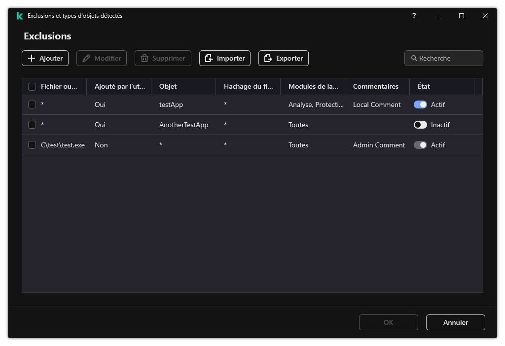 Une fenêtre avec la liste des exclusions. Les propriétés d'exclusion sont affichées. L'utilisateur peut ajouter, modifier ou supprimer des exclusions.