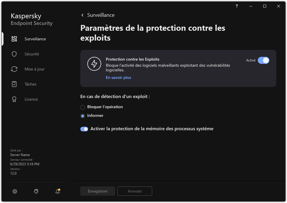 Fenêtre des paramètres de protection contre les exploits
