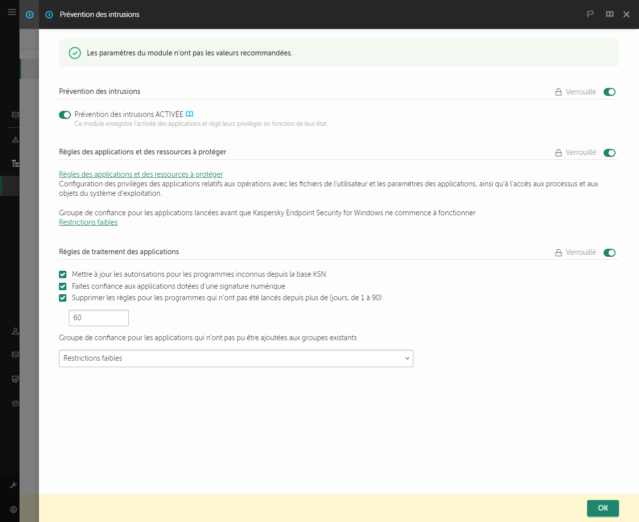Fenêtre des paramètres de la Prévention des intrusions