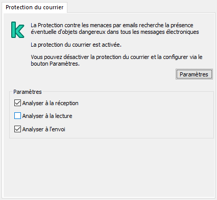 Extension Kaspersky pour la fenêtre Outlook. L'utilisateur peut configurer l'analyse des messages lorsqu'ils sont reçus, lus ou envoyés.