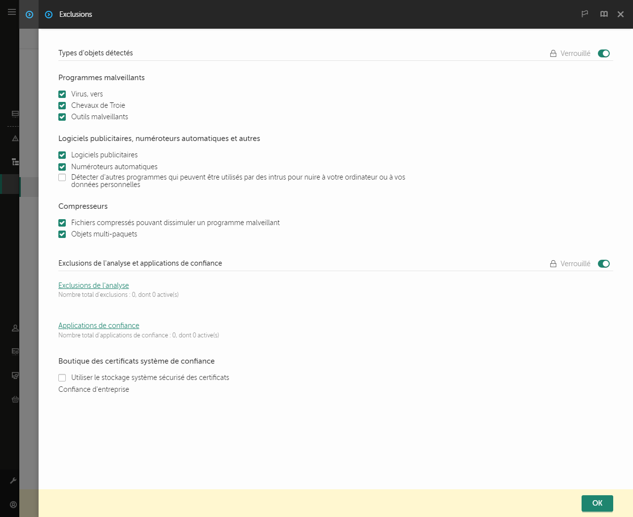 Fenêtre des paramètres d'exclusion. L'utilisateur peut ajouter des exclusions et des applications de confiance.