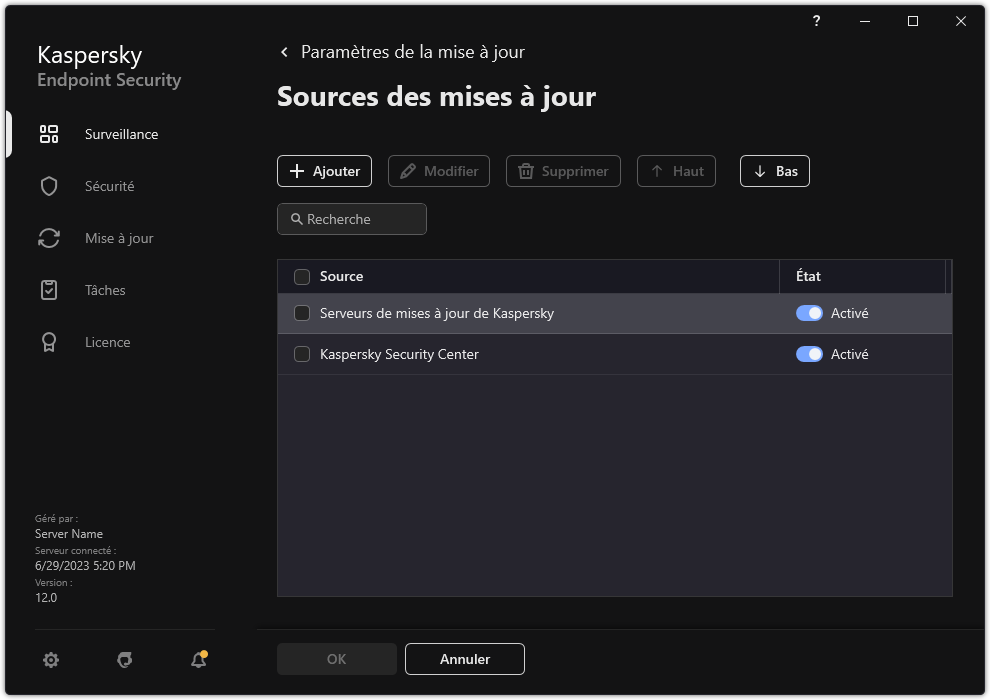 Une fenêtre avec la liste des sources de mises à jour. L'utilisateur peut ajouter des sources de mises à jour et attribuer une priorité à la source.