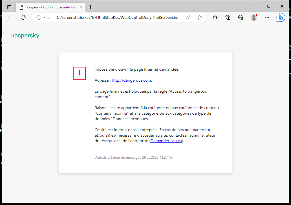 Notification de Kaspersky sur l'interdiction d'accès à la page Internet dans la fenêtre du navigateur. L'utilisateur peut créer une demande d'accès à la ressource Internet.