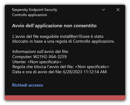 Notifica sull'avvio dell'applicazione bloccato. L'utente può creare una richiesta per avviare l'applicazione.