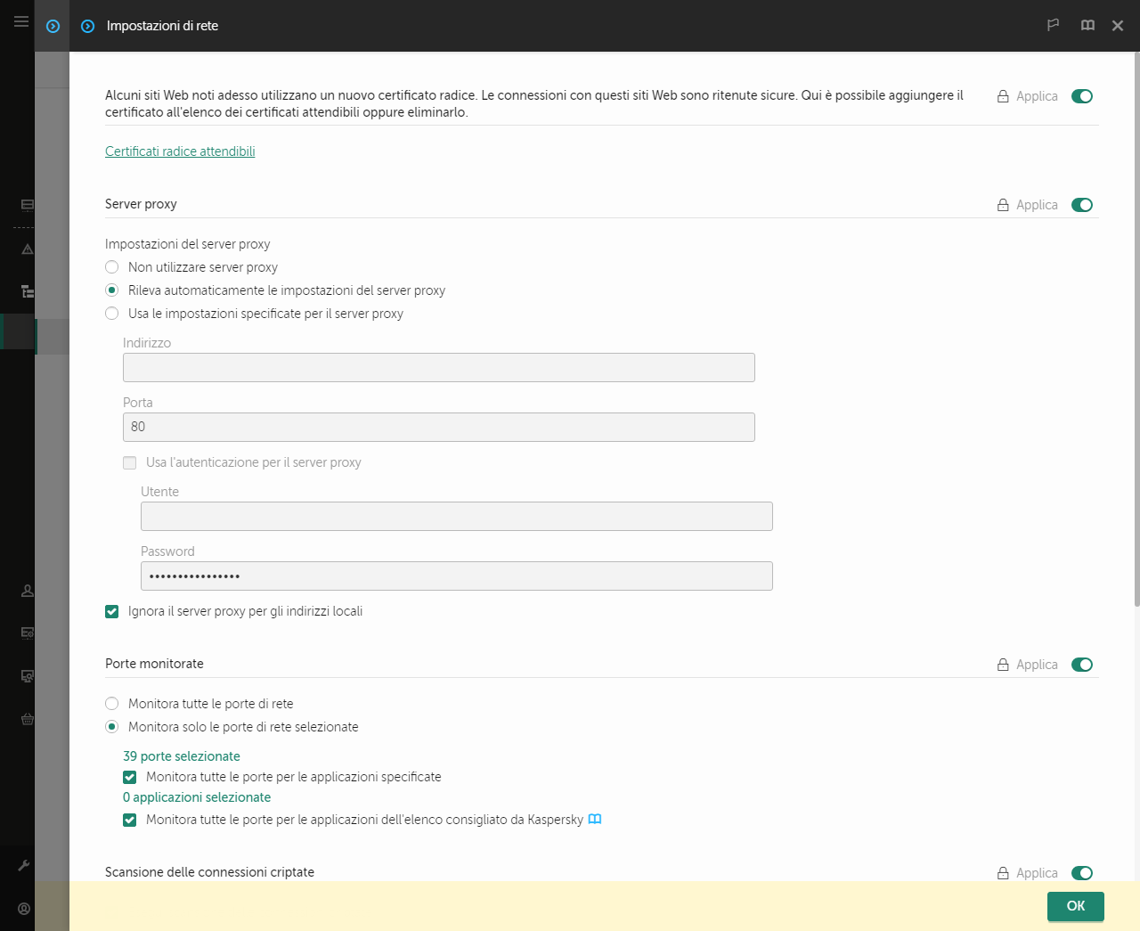 Finestra delle impostazioni di rete dell'applicazione. L'utente può configurare le impostazioni del server proxy.