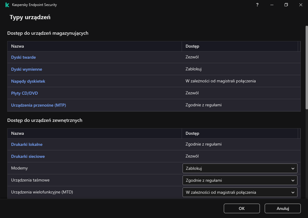 Okno konfiguracji dostępu do urządzeń. Użytkownik może skonfigurować dostęp do urządzeń oraz ustawić dodatkowe parametry dostępu, takie jak terminarz dostępu.