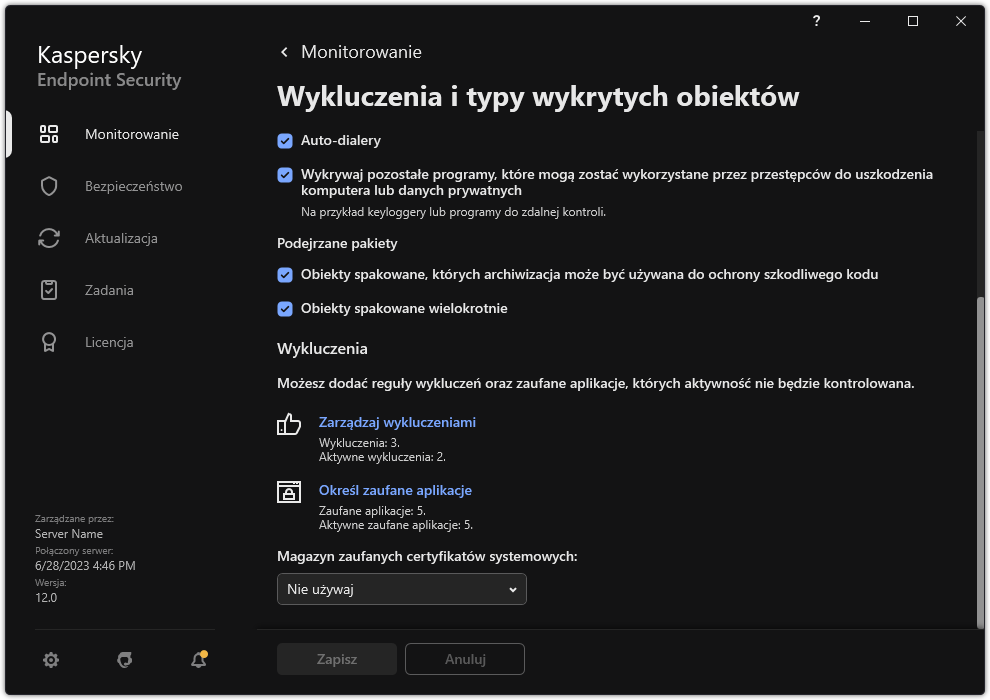 Okno ustawień wykluczeń. Użytkownik może dodawać wykluczenia i zaufane aplikacje.
