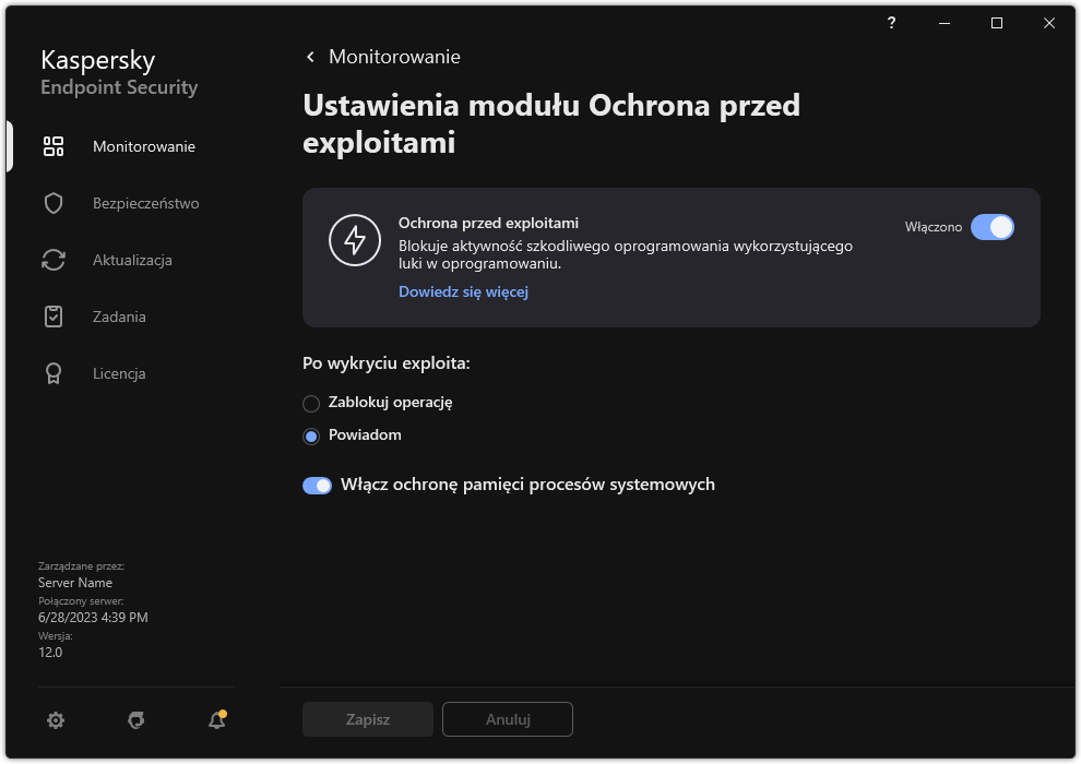 Okno ustawień modułu Ochrona przed exploitami