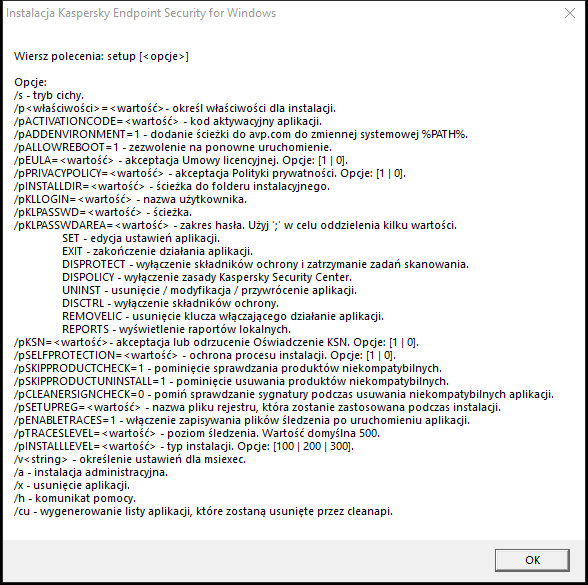 Okno podpowiedzi opisujące opcje poleceń umożliwiające instalację aplikacji za pomocą wiersza poleceń.