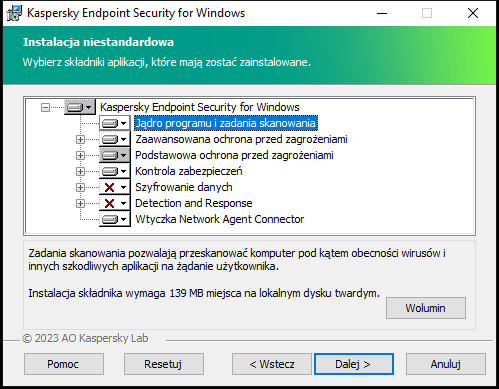 Okno instalatora z listą komponentów, które użytkownik może wybrać.