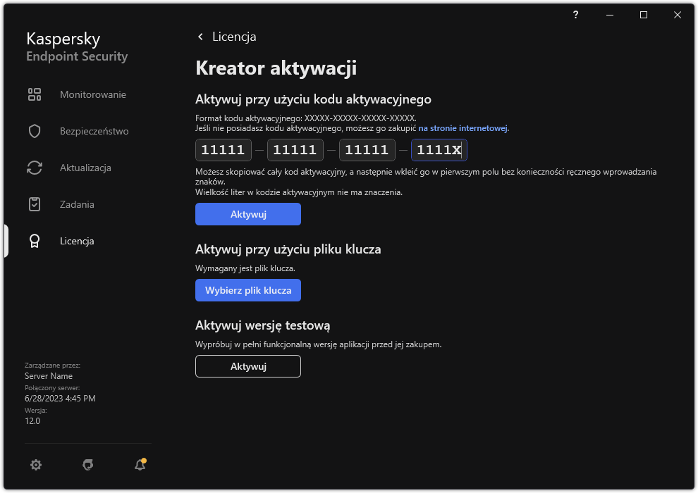Okno z narzędziami aktywacji aplikacji. Użytkownik może wprowadzić kod aktywacyjny lub wybrać plik klucza.