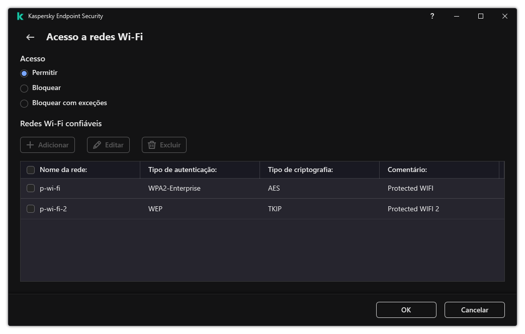 Uma janela com uma lista de redes Wi-Fi. O usuário pode configurar o acesso a todas as redes Wi-Fi e adicionar redes Wi-Fi confiáveis.