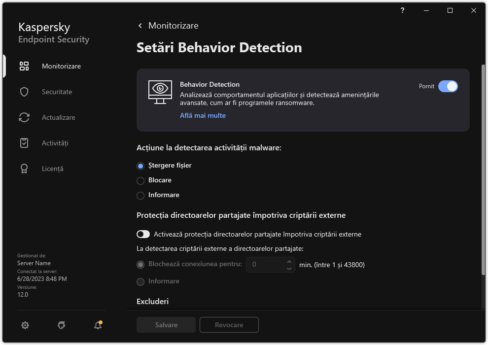 Fereastra de setări Behavior Detection.
