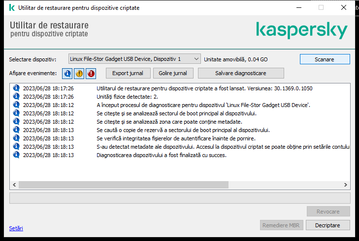 O fereastră cu lista evenimentelor utilitarului. Utilizatorul poate executa diagnosticarea și decripta dispozitivul selectat.