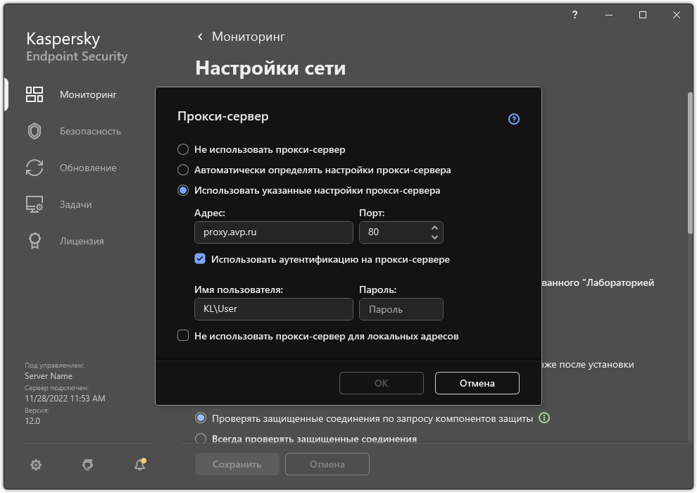 Окно настройки подключения к прокси-серверу. Пользователь может задать адрес прокси-сервера и учетные данные пользователя для подключения к прокси-серверу.