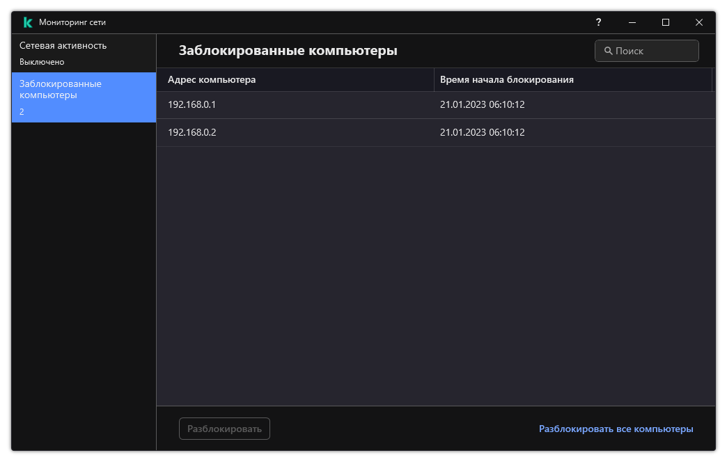 Окно Мониторинга сети со списком заблокированных компьютеров. Пользовать может разблокировать отдельные компьютеры или разблокировать все.