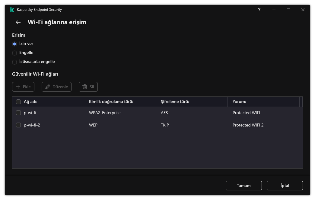 Wi-Fi ağlarının listesini içeren bir pencere. Kullanıcı tüm Wi-Fi ağlarına erişimi yapılandırabilir ve güvenilir Wi-Fi ağları ekleyebilir.