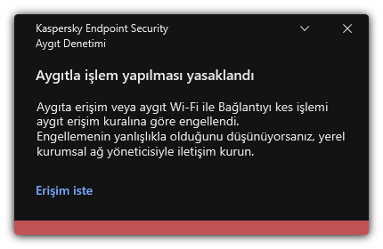 Engellenen bir Wi-Fi bağlantısı hakkında bildirim. Kullanıcı, Wi-Fi ağına bağlanmak için bir istek oluşturabilir.