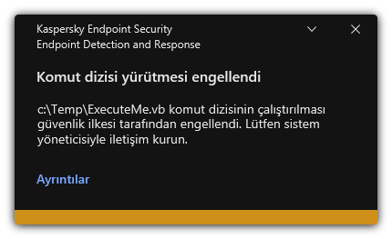 Engellenen komut dosyası yürütme hakkında bildirim. Kullanıcı, kuralla ilgili ayrıntılı bilgileri görüntüleyebilir.