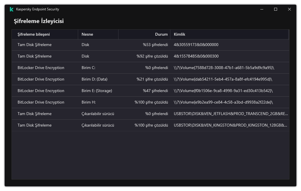 Şifrelemenin çalıştığı sürücülerin listesini içeren bir pencere. Şifreleme teknolojisi, durum ve sürücü kimliği görüntülenir.