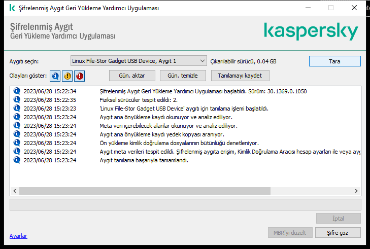 Yardımcı program olaylarının listesini içeren bir pencere. Kullanıcı tanılamayı çalıştırabilir ve seçilen cihazın şifresini çözebilir.