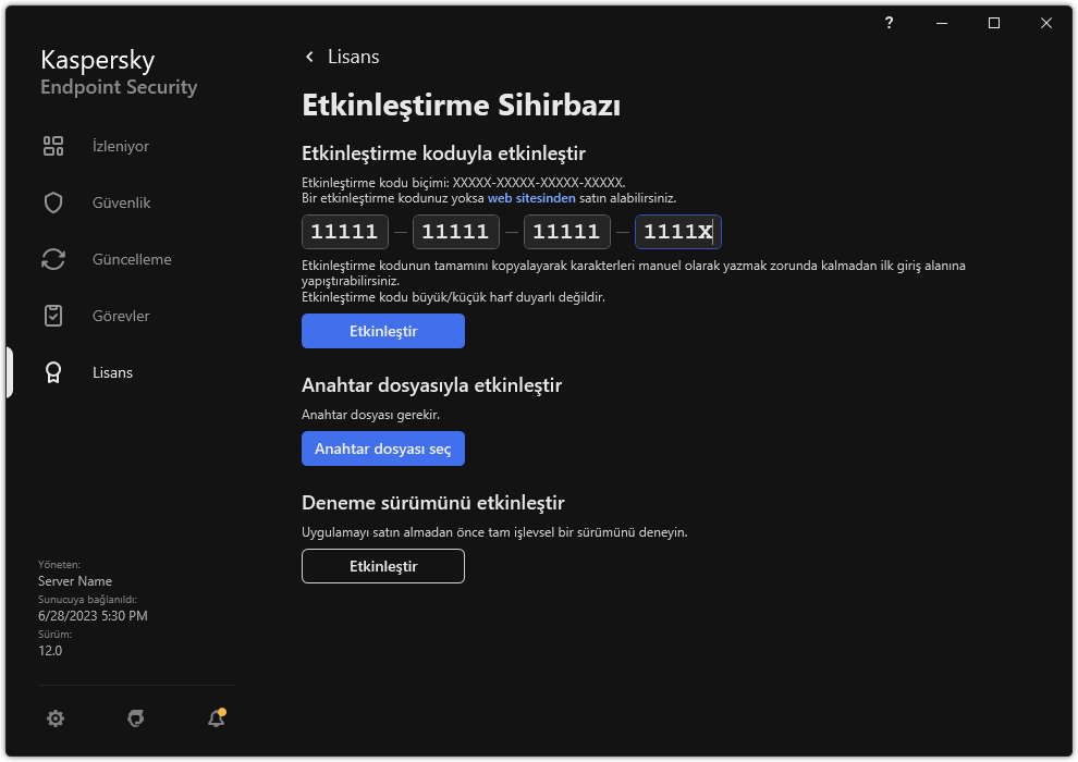 Uygulama etkinleştirme araçlarının bulunduğu pencere. Kullanıcı bir etkinleştirme kodu girebilir veya bir anahtar dosyası seçebilir.