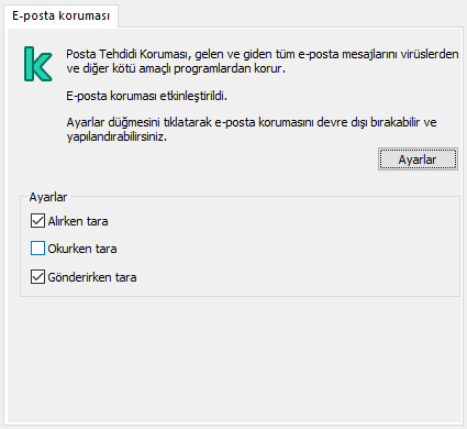 Outlook penceresi için Kaspersky uzantısı. Kullanıcı, alındığında, okunduğunda veya gönderildiğinde taranacak mesajları yapılandırabilir.