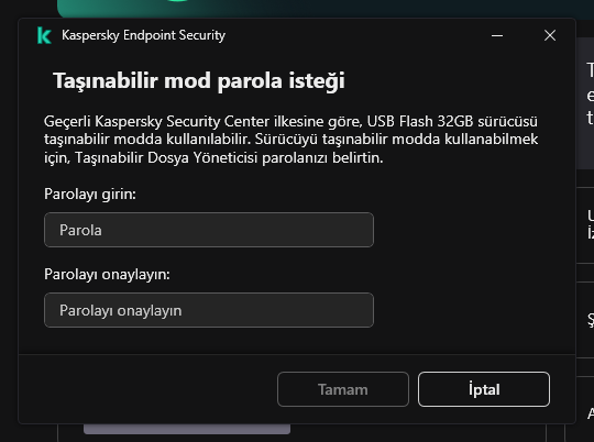 Pencere, parolanın girilmesi ve onaylanması için alanlar içerir.