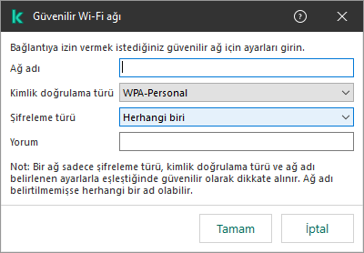 Pencere, güvenilir Wi-Fi ağının ayarlarını içerir.