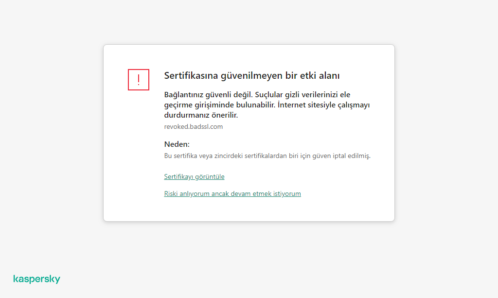 Tarayıcı penceresinde güvenilmeyen bir sertifikaya sahip bir etki alanının ziyaret edilmesiyle ilgili Kaspersky bildirimi. Kullanıcı çalışmaya devam edebilir.