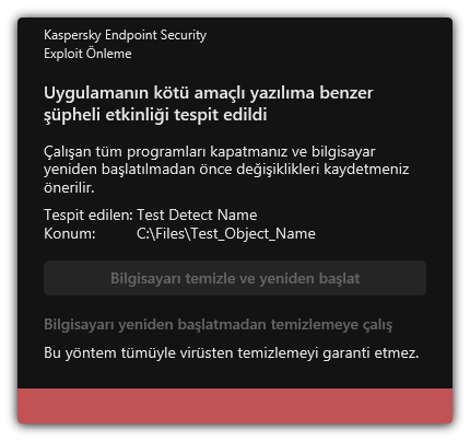 Kötü amaçlı yazılım tespit bildirimi. Kullanıcı, bilgisayarı yeniden başlatarak veya yeniden başlatmadan temizleme gerçekleştirebilir.