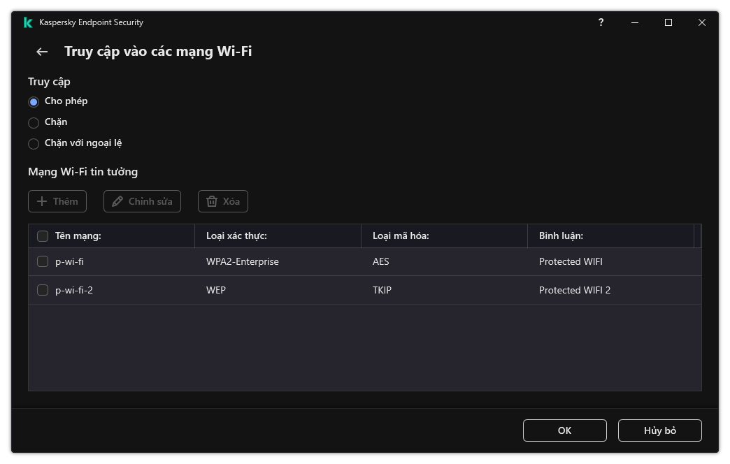 Một cửa sổ chứa danh sách các mạng Wi-Fi. Người dùng có thể cấu hình quyền truy cập tất cả các mạng Wi-Fi và thêm các mạng Wi-Fi được tin tưởng.