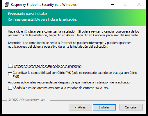 Ventana de configuración de la instalación: protección de la instalación, compatibilidad con Citrix PVS, variable del sistema para avp.com.