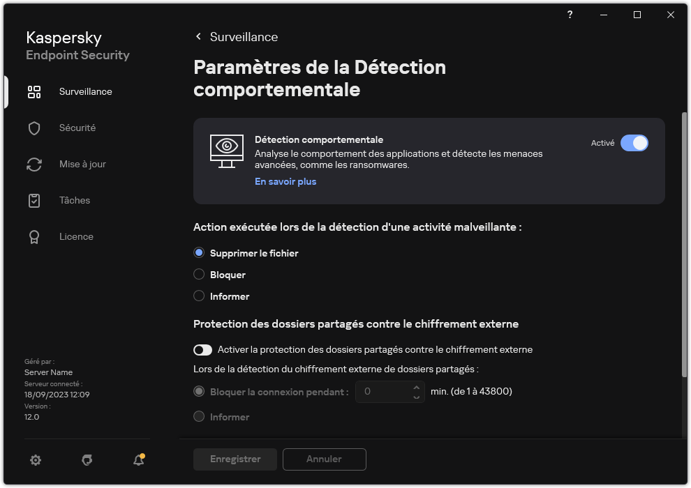 Fenêtre des paramètres de la Détection comportementale
