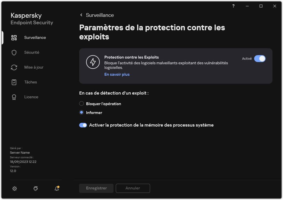 Fenêtre des paramètres de protection contre les exploits