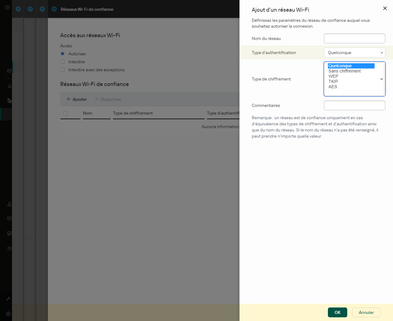La fenêtre contient les paramètres du réseau Wi-Fi de confiance.