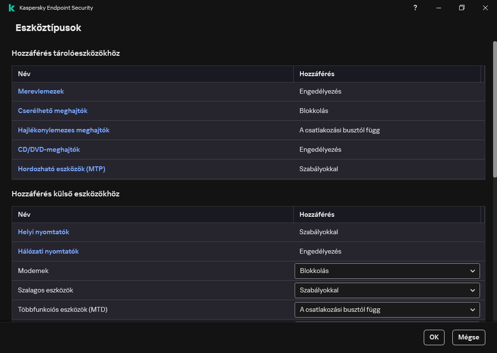Az eszközökhöz való hozzáférés konfigurálására szolgáló ablak. A felhasználó konfigurálhatja a hozzáférést az eszközökhöz, és beállíthat további hozzáférési paramétereket, például a hozzáférési ütemezést.