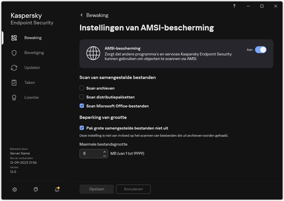 Venster voor instellingen van AMSI-bescherming