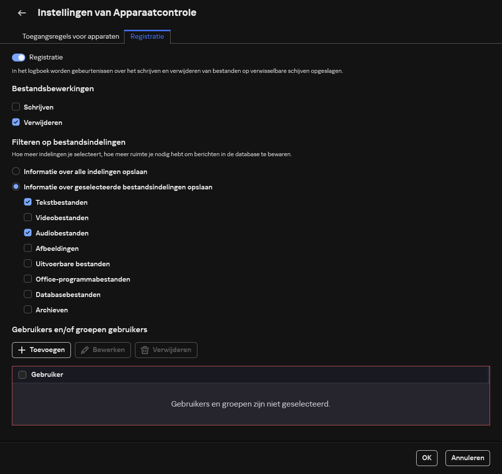 Het venster voor het configureren van de registratie van gebeurtenissen over het gebruik van verwisselbare schijven. De gebruiker kan de gebeurtenissen selecteren die moeten worden geregistreerd.