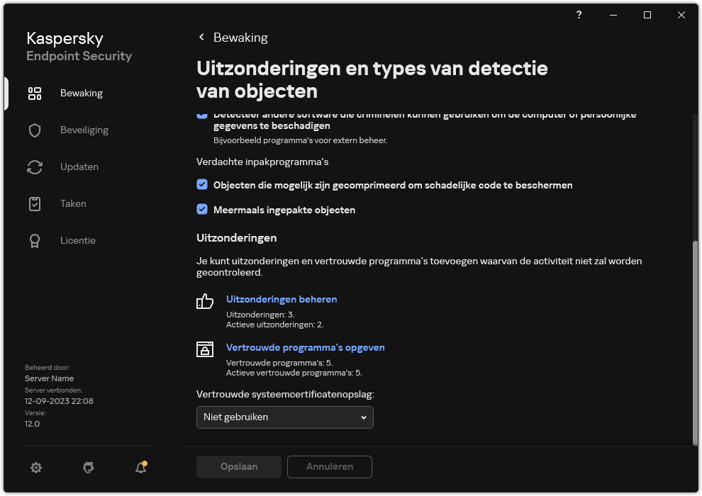 Venster instellingen voor uitzonderingen. De gebruiker kan uitsluitingen en vertrouwde programma's toevoegen.
