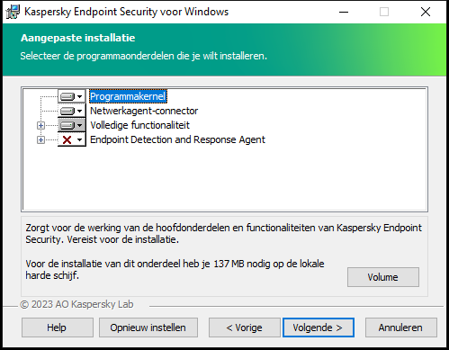Installatievenster met een lijst componenten die een gebruiker kan selecteren.