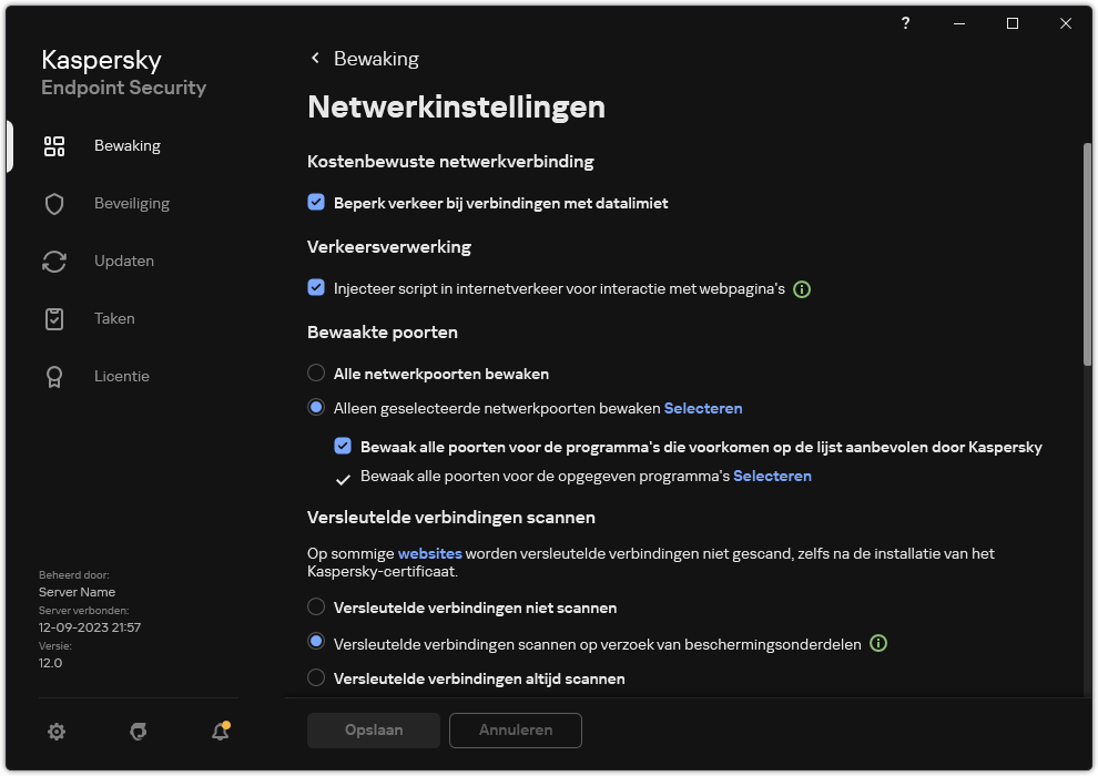 Venster met netwerkinstellingen van het programma.