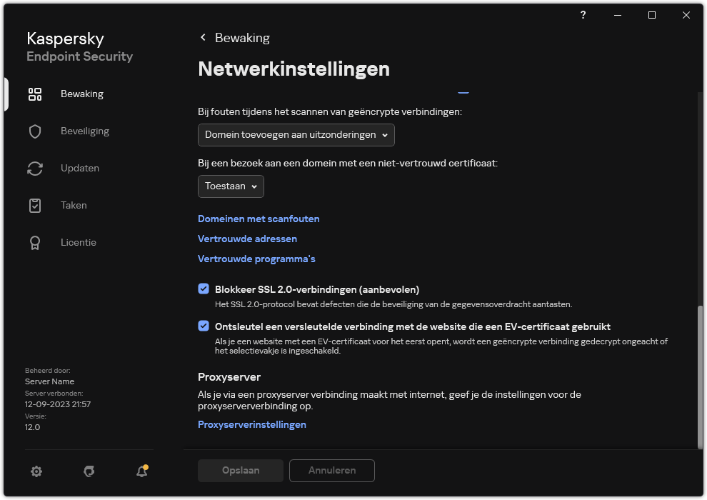 Venster met netwerkinstellingen van het programma.