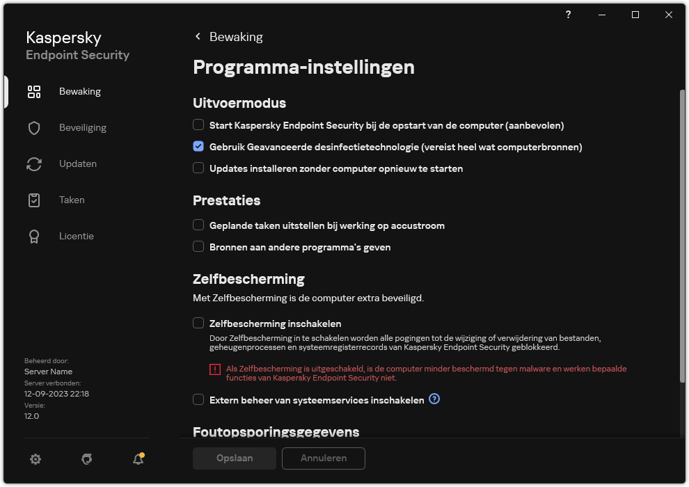 Venster programma-instellingen. De gebruiker kan prestaties, zelfverdediging en andere instellingen configureren.